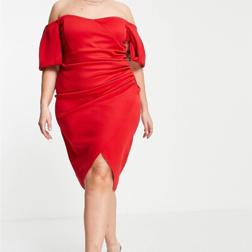 ASOS Curve, red, sz 22, sweetheart neck wrap tuck off shoulder Bardot minidress